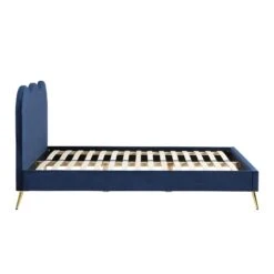 Gidea Velvet Upholstered Bed Frame With Scalloped Headboard & Golden Chrome Legs -Daals Store JAH 07 NAVYVEL WB4