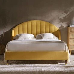 Eleanor Sunflower Yellow Fabric Upholstered Bed Frame With Domed Headboard -Daals Store JAH 08 SUN FAB scene1