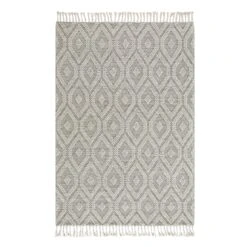 Avanti Handwoven Light Grey And Cream Diamond Bobble Wool Rug