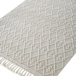 Avanti Cream Handwoven 100% Wool Bobble Rug – Geometric Textured Tassel Area Rug -Daals Store KI AVANTI RUG WH detail1
