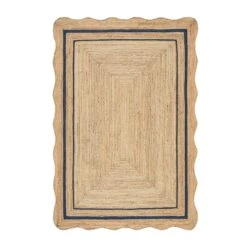 Evie Hand Braided Jute Scallop Navy Blue Border Rectangular Rug