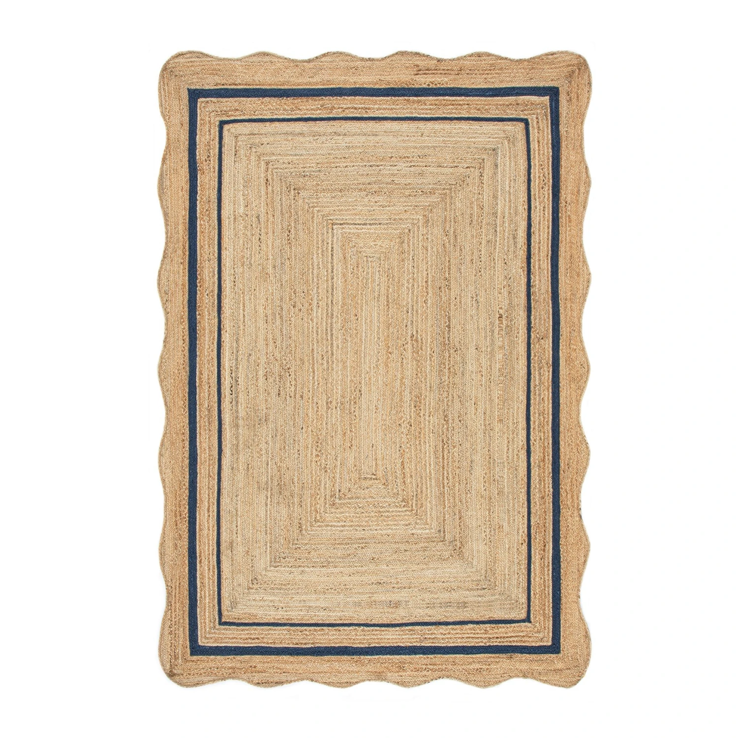 Evie Hand Braided Jute Scallop Navy Blue Border Rectangular Rug 1 Evie Hand Braided Jute Scallop Navy Blue Border Rectangular Rug