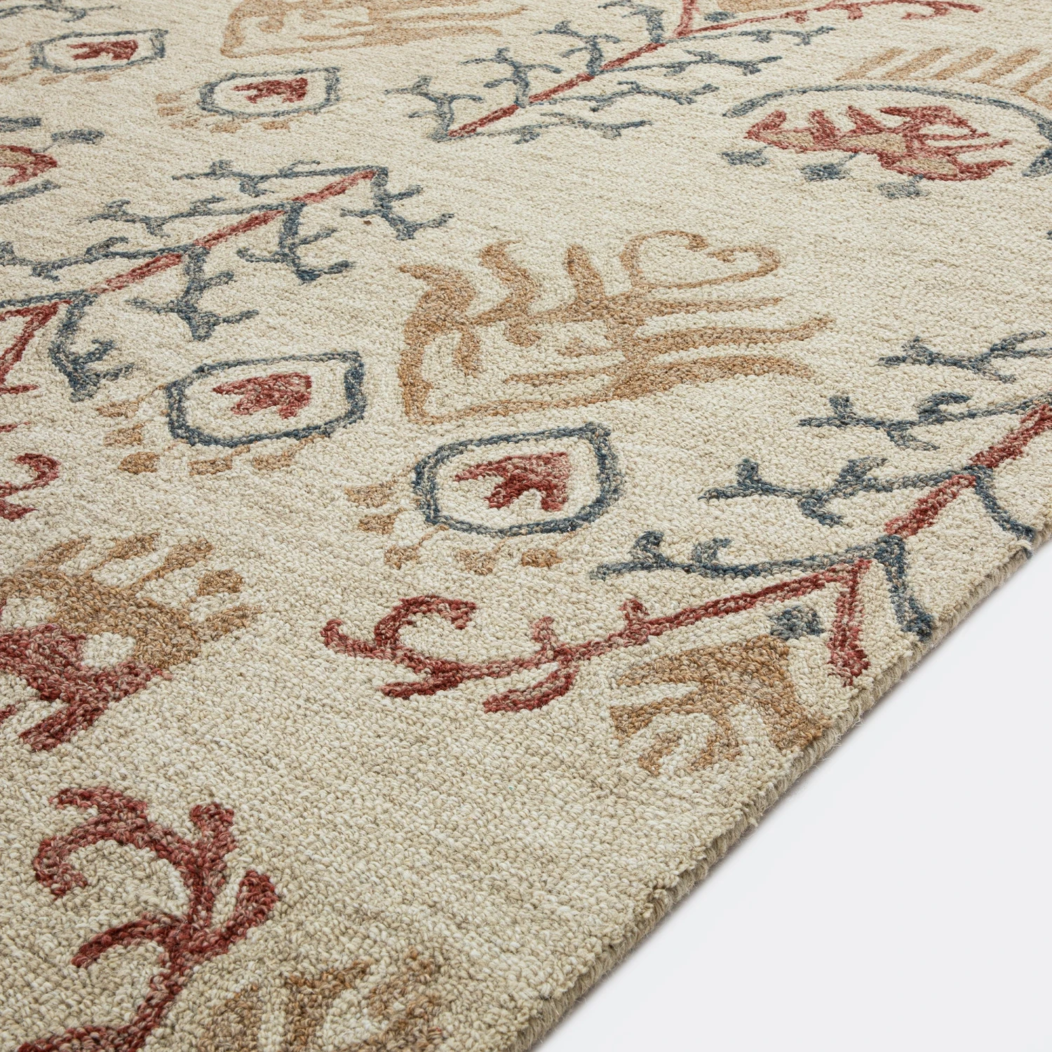 Kadiri Ikat Hand Tufted Wool Rug β Deep Red & Blue Geometric Traditional Indian Area Rug 6 Kadiri Ikat Hand Tufted Wool Rug β Deep Red & Blue Geometric Traditional Indian Area Rug - Image 6