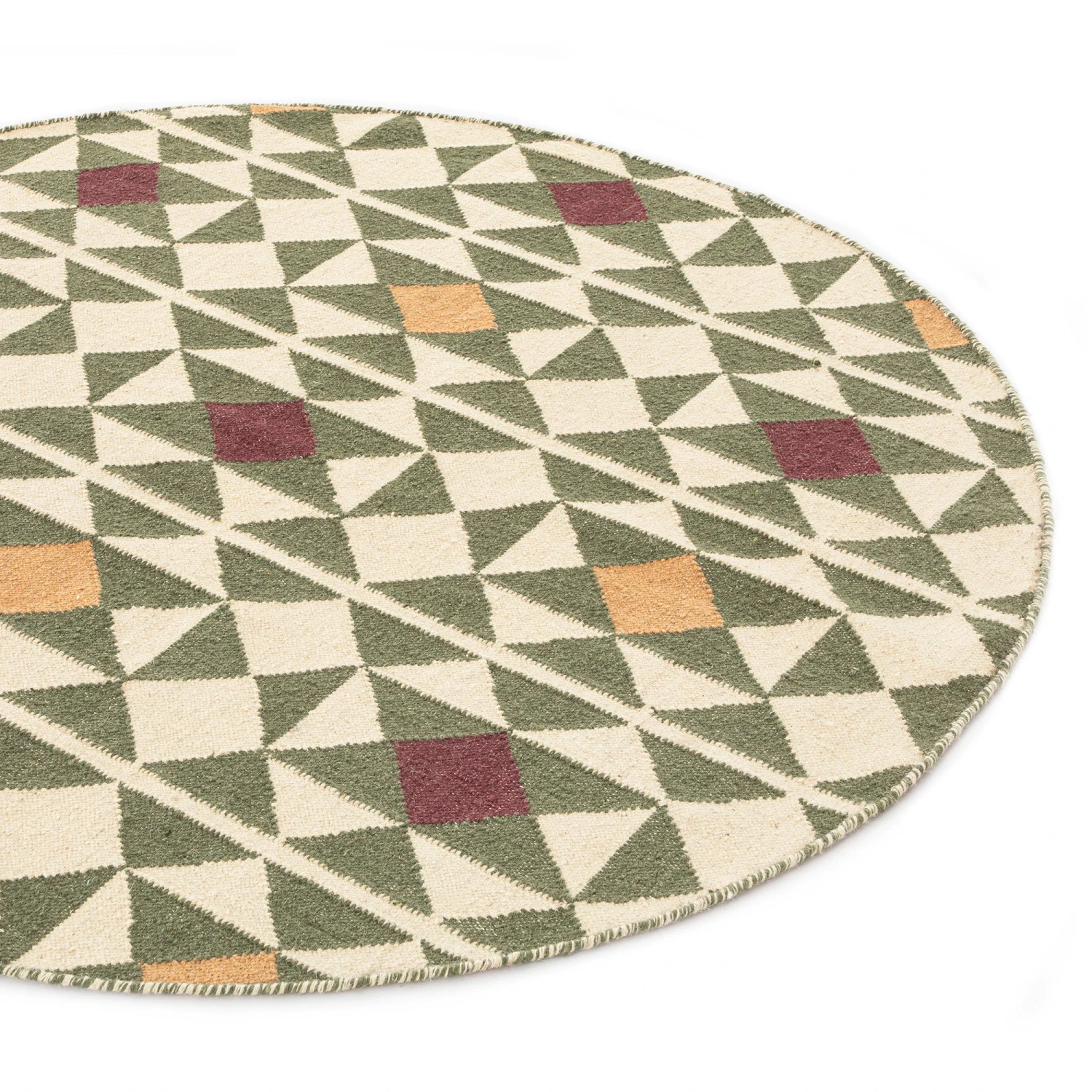 Kamala Geometric Olive & Ochre Round Wool Rug β Handwoven Flat-Weave Artisan Design 2 Kamala Geometric Olive & Ochre Round Wool Rug β Handwoven Flat-Weave Artisan Design - Image 2