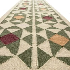 Kamala Geometric Olive and Ochre Handwoven Wool Runner - 300x66cm Flatweave Rug -Daals Store KI KAMALA RUG RUNNER detail2