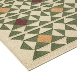 Kamala Geometric Handwoven Wool Rug – Olive Green, Ochre & Maroon Bespoke Flat-Woven Design -Daals Store KI KAMALA RUG detail2