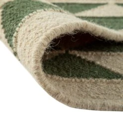 Kamala Geometric Handwoven Wool Rug – Olive Green, Ochre & Maroon Bespoke Flat-Woven Design -Daals Store KI KAMALA RUG detail4