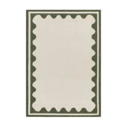 Matilda Cream and Olive Green Scalloped Border – Handwoven Wool Flatweave Rug