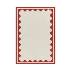 Matilda Scarlet Red and Cream Scallop Border Rug – Handwoven Flat-Weave Wool Accent