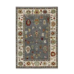Oushak Enchanted Floral Hand-Knotted Rug in Slate Grey & Pistachio Green – Heritage Collection New Zealand Wool