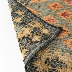 Safi Kilim Deep Orange and Blue Handwoven Jute & Cotton Geometric Rug -Daals Store KI SAFI RUG KILIM detail3
