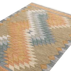 Zairya Kilim Handwoven Wool & Cotton Rug – Orange & Blue Mosaic Geometric Design with Tassels -Daals Store KI ZAIRYA RUG KILIM detail1
