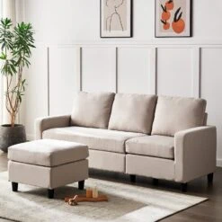 Campbell 3 Seater Sofa With Reversible Chaise In Beige Woven Fabric -Daals Store LVSF 01 BEIGEFAB scene3