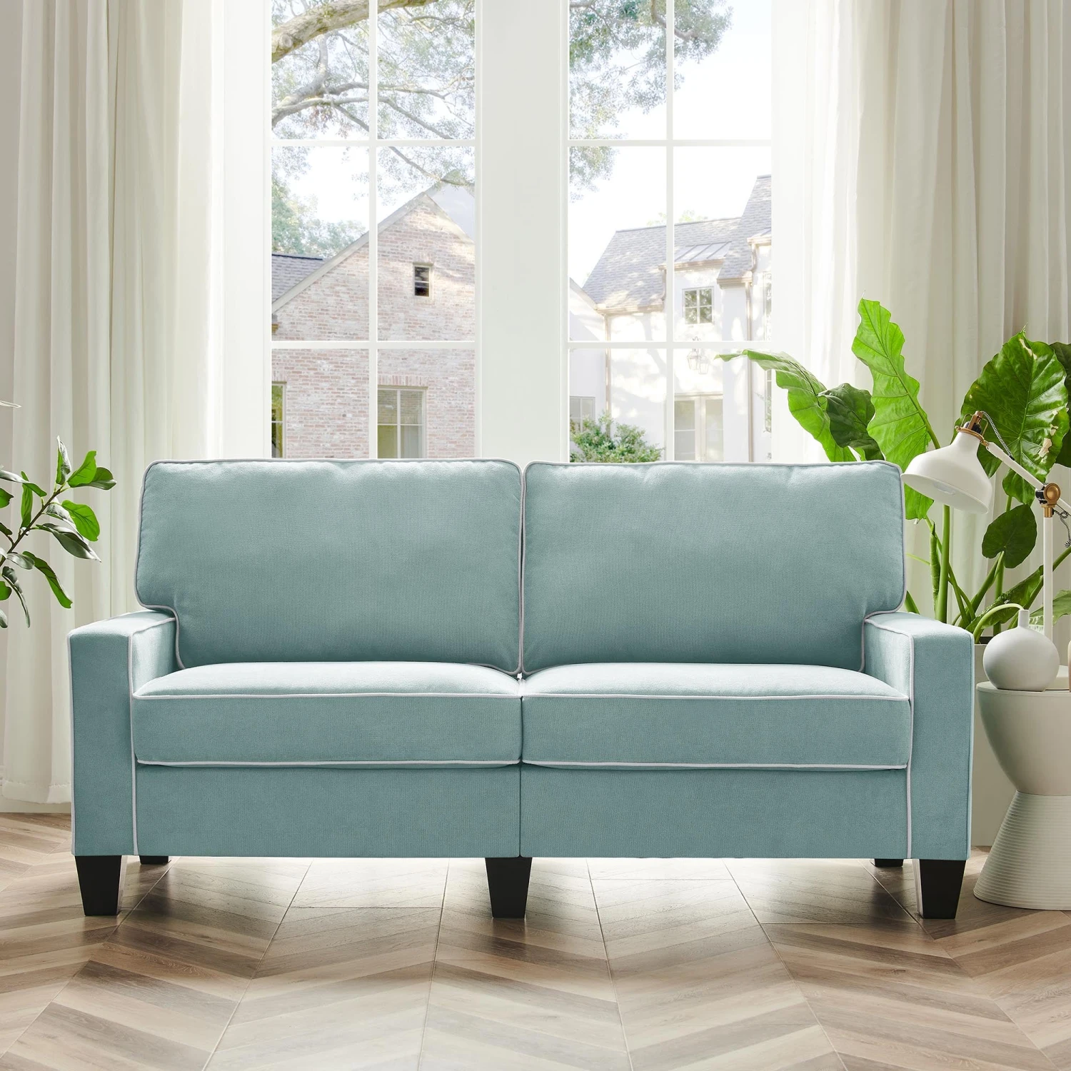 Sherbrook Large 2-Seater Mint Brushed Fabric Sofa With Contrasting Piping 1 Sherbrook Large 2-Seater Mint Brushed Fabric Sofa With Contrasting Piping
