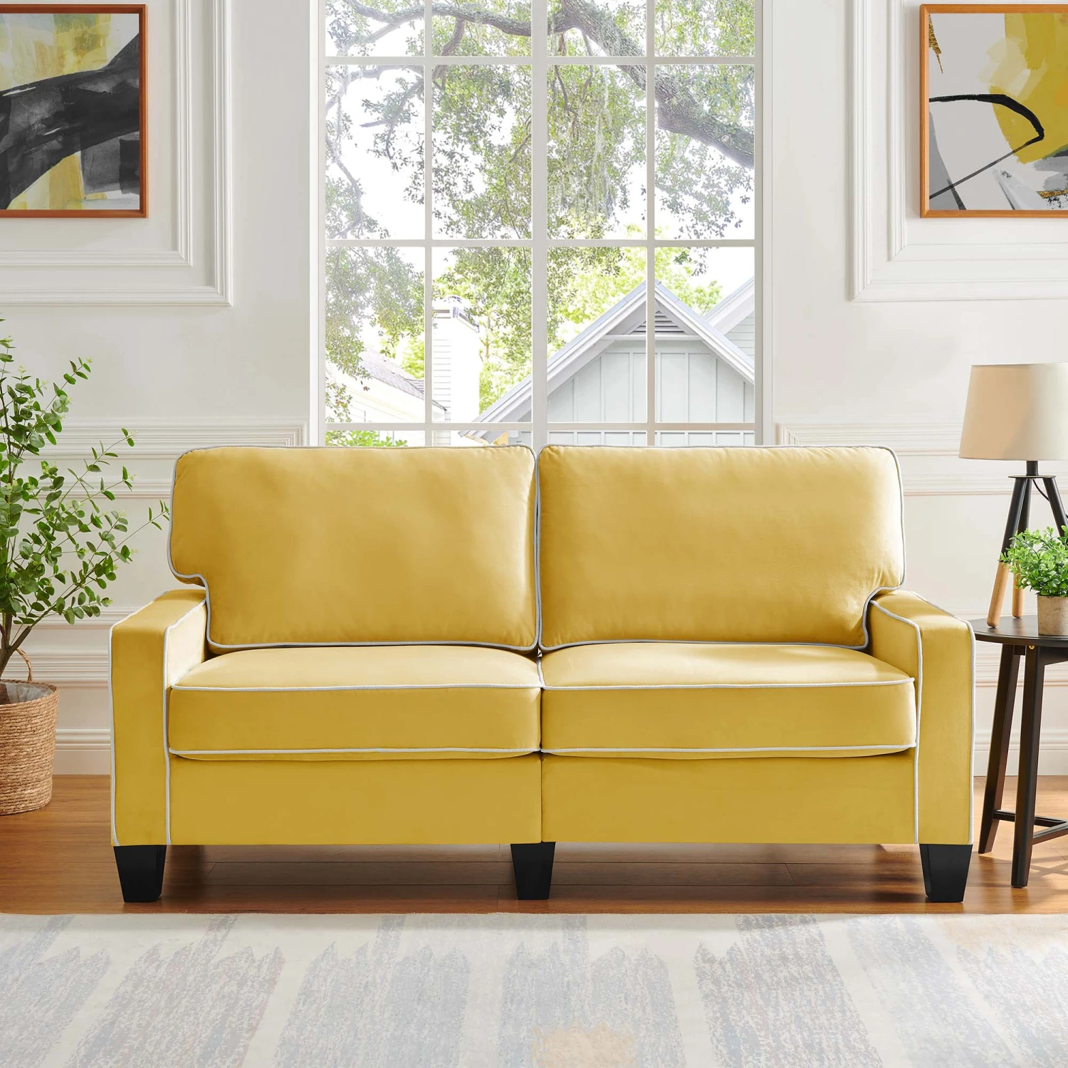 Sherbrook Large 2-Seater Mustard Yellow Velvet Sofa With Contrasting Piping 1 Sherbrook Large 2-Seater Mustard Yellow Velvet Sofa With Contrasting Piping