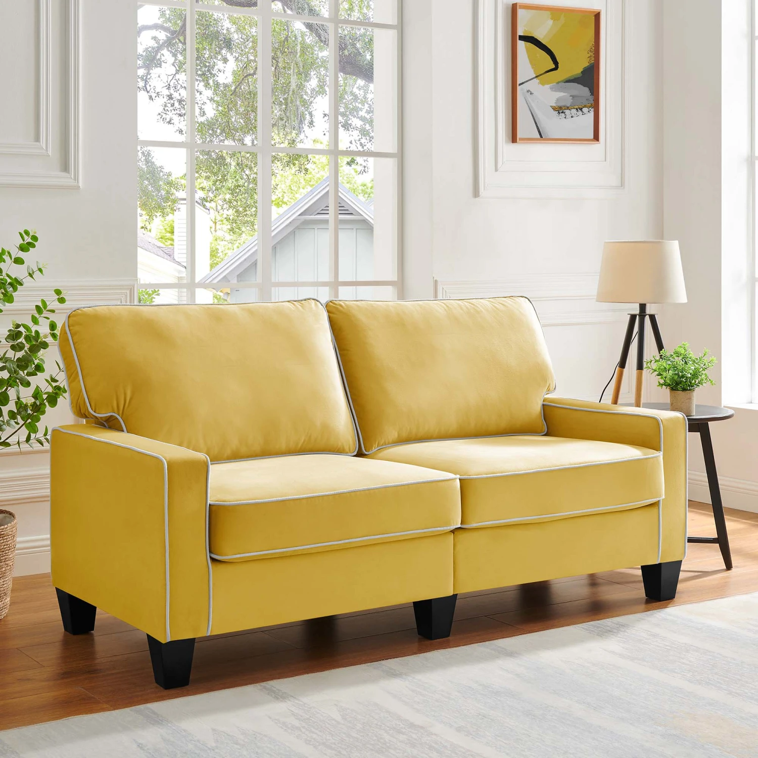 Sherbrook Large 2-Seater Mustard Yellow Velvet Sofa With Contrasting Piping 2 Sherbrook Large 2-Seater Mustard Yellow Velvet Sofa With Contrasting Piping - Image 2