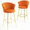 Kylie Orange Velvet Bar Stools (Set of 2) – Curved Shell Back with Gold Chrome Legs -Daals Store MB222ORANGEVEL P main