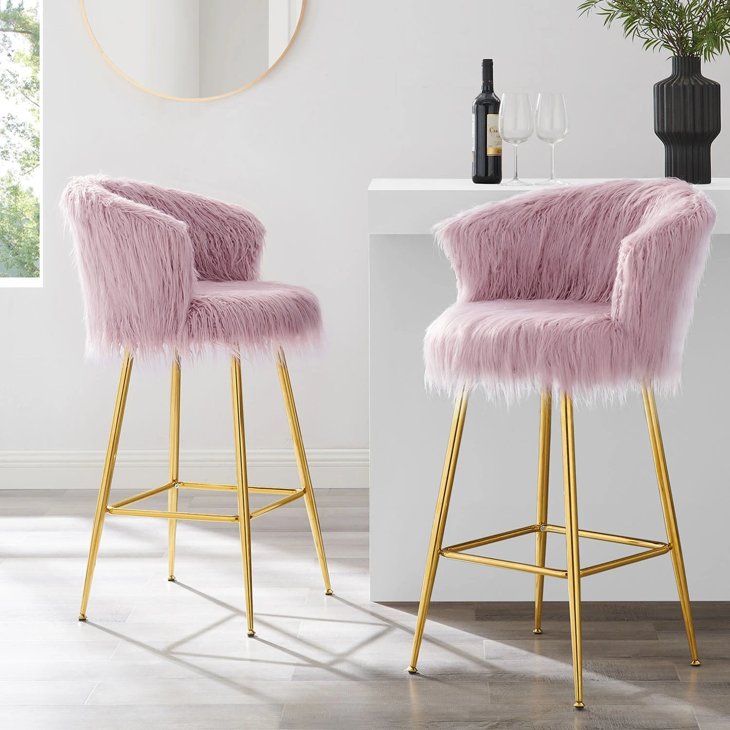 Kylie Set Of 2 Pink Plush Shaggy Faux Fur Bar Stools 1 Kylie Set Of 2 Pink Plush Shaggy Faux Fur Bar Stools