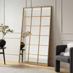 Chardwell Full Length Industrial Metal Window Mirror 180 X 100 Cm, Antique Gold Effect