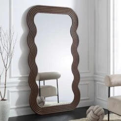 Venus Full Length Wave Mirror 180 x 100 cm – Walnut Stained Solid Wood Curvy Statement Mirror