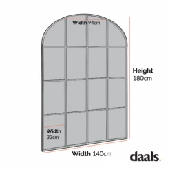 Portobello 180 x 140 cm Extra Large Arched Window Mirror – Black Metal Frame Full Length Leaner Mirror -Daals Store MIRR 280 CHART