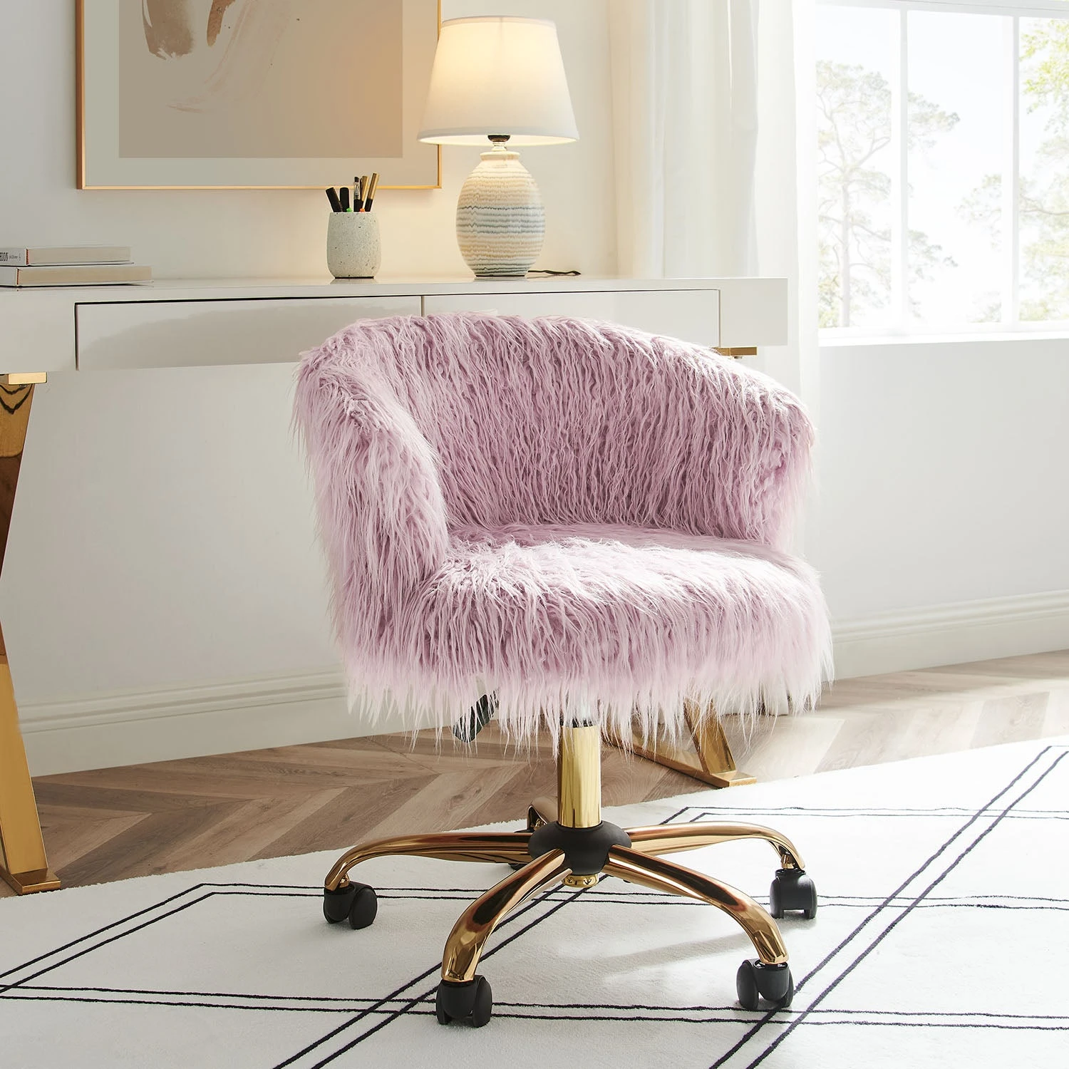 Kylie Plush Shaggy Faux Fur Swivel Chair, Pink 1 Kylie Plush Shaggy Faux Fur Swivel Chair, Pink