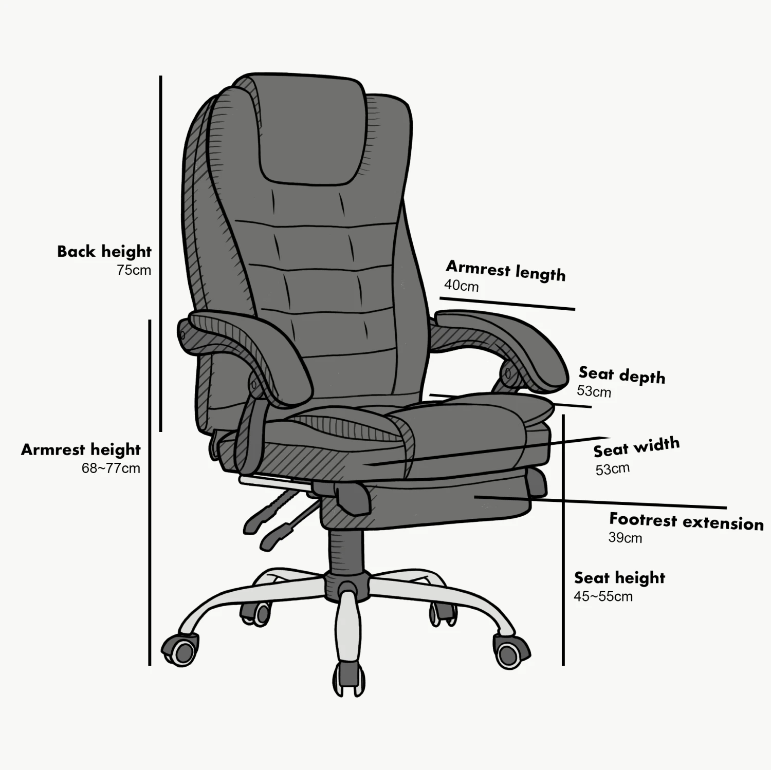 Executive Reclining Desk Chair With Footrest, Headrest And Lumbar Cushion Support, Grey Fabric 3 Executive Reclining Desk Chair With Footrest, Headrest And Lumbar Cushion Support, Grey Fabric - Image 3