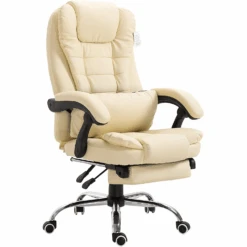 Executive Reclining Desk Chair With Footrest, Headrest And Lumbar Cushion, Cream PU Leather