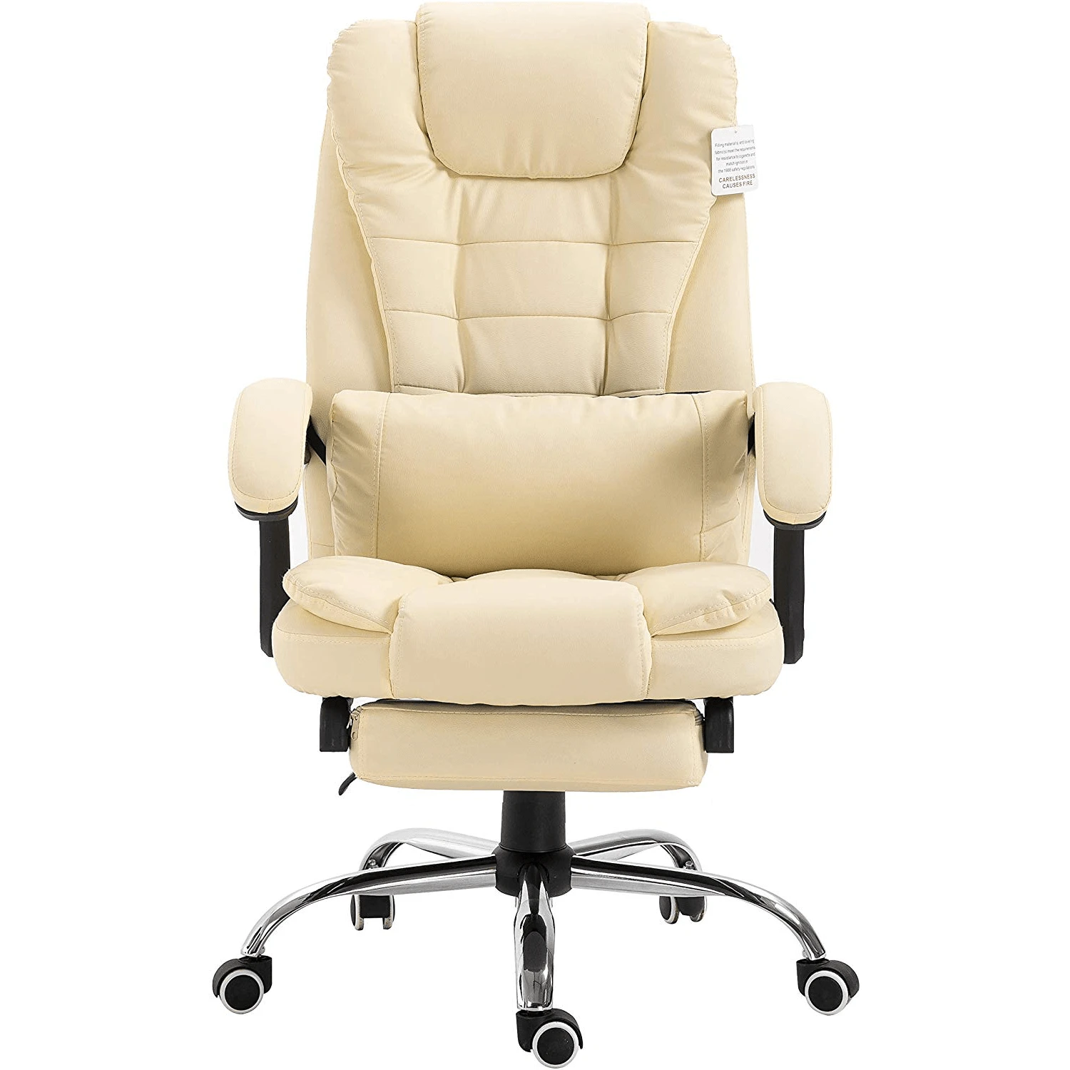 Executive Reclining Desk Chair With Footrest, Headrest And Lumbar Cushion, Cream PU Leather 2 Executive Reclining Desk Chair With Footrest, Headrest And Lumbar Cushion, Cream PU Leather - Image 2