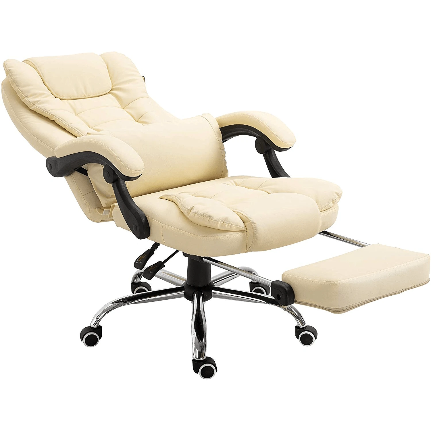 Executive Reclining Desk Chair With Footrest, Headrest And Lumbar Cushion, Cream PU Leather 6 Executive Reclining Desk Chair With Footrest, Headrest And Lumbar Cushion, Cream PU Leather - Image 6