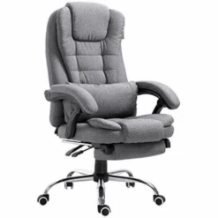 Executive Reclining Desk Chair With Footrest, Headrest And Lumbar Cushion Support, Grey Fabric