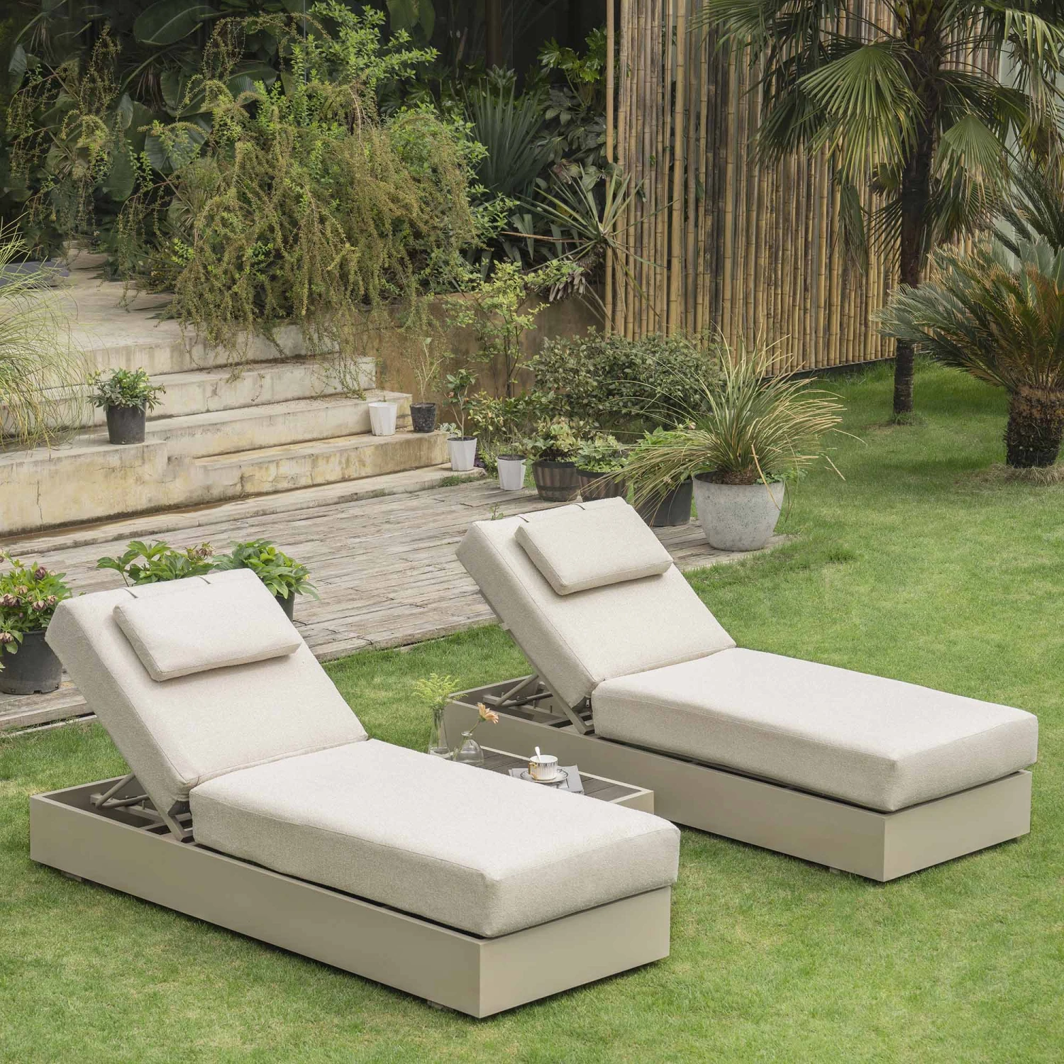 Jardin Pumice Grey Aluminium Sun Lounger Set with Beige Boucle Cushions β 3-Piece Luxury Outdoor Recliner Suite 2 Jardin Pumice Grey Aluminium Sun Lounger Set with Beige Boucle Cushions β 3-Piece Luxury Outdoor Recliner Suite - Image 2