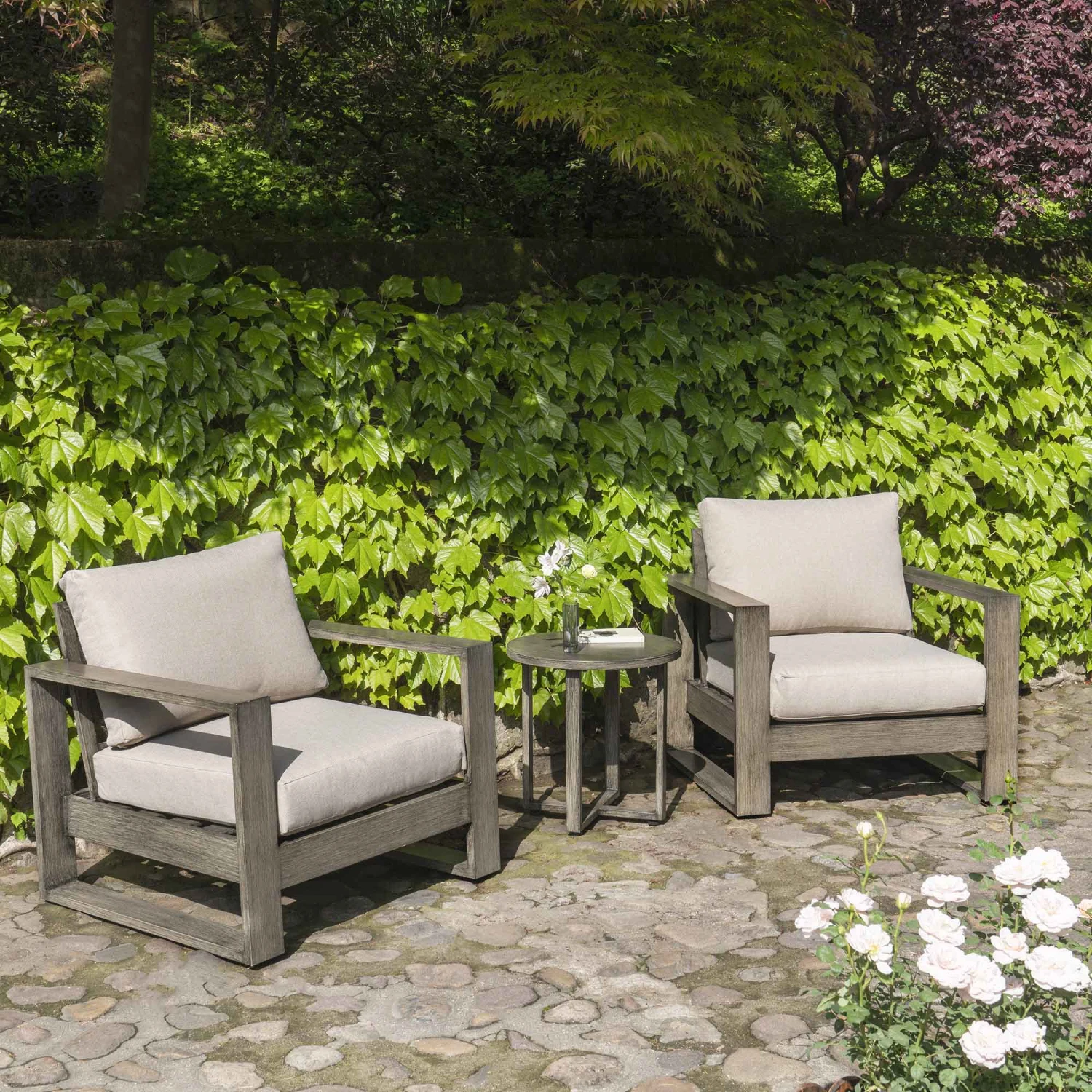 Montrose Aluminium Bistro Set With Side Table, Brushed Silver Oak 1 Montrose Aluminium Bistro Set With Side Table, Brushed Silver Oak