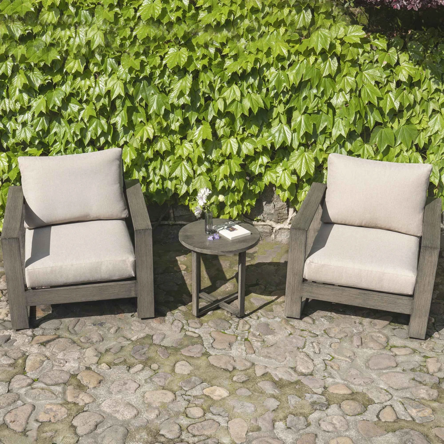 Montrose Aluminium Bistro Set With Side Table, Brushed Silver Oak 2 Montrose Aluminium Bistro Set With Side Table, Brushed Silver Oak - Image 2