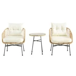 St Loy Natural Rattan Bistro Set with Table – 3-Piece Handwoven Garden Furniture with Cream Cushions -Daals Store OD BISTR 024 WB2