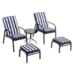 Champneys Navy Blue and Striped Reversible 2-Seater Reclining Bistro Set with Footstools – Steel Frame Outdoor Furniture -Daals Store OD BISTR 1069 BLUE WB1