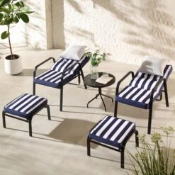 Champneys Navy Blue and Striped Reversible 2-Seater Reclining Bistro Set with Footstools – Steel Frame Outdoor Furniture -Daals Store OD BISTR 1069 BLUE scene2