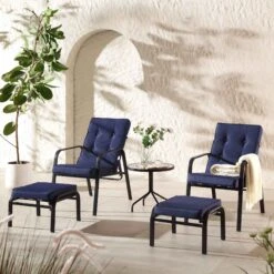 Champneys Navy Blue and Striped Reversible 2-Seater Reclining Bistro Set with Footstools – Steel Frame Outdoor Furniture -Daals Store OD BISTR 1069 BLUE scene3