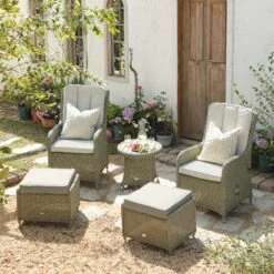 Hampshire 2-Seater Round Wicker Reclining Bistro Set With Stools, Desert Sage -Daals Store OD BISTR 108 GREEN scene2