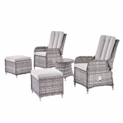 Hampshire 2-Seater Light Grey Round Wicker Reclining Bistro Set - 5-Piece Garden Lounge Set with Stools & Wood-Effect Table -Daals Store OD BISTR 108 LGREY WB1