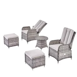 Hampshire 2-Seater Light Grey Round Wicker Reclining Bistro Set - 5-Piece Garden Lounge Set with Stools & Wood-Effect Table -Daals Store OD BISTR 108 LGREY WB2