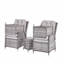 Hampshire 2-Seater Light Grey Round Wicker Reclining Bistro Set - 5-Piece Garden Lounge Set with Stools & Wood-Effect Table -Daals Store OD BISTR 108 LGREY WB3