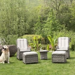 Hampshire 2-Seater Round Wicker Reclining Bistro Set With Stools, Light Grey