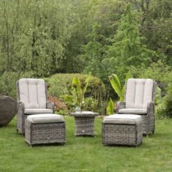 Hampshire 2-Seater Light Grey Round Wicker Reclining Bistro Set - 5-Piece Garden Lounge Set with Stools & Wood-Effect Table -Daals Store OD BISTR 108 LGREY scene2