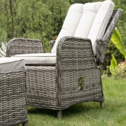 Hampshire 2-Seater Light Grey Round Wicker Reclining Bistro Set - 5-Piece Garden Lounge Set with Stools & Wood-Effect Table -Daals Store OD BISTR 108 LGREY scene3