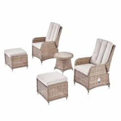 Hampshire 2-Seater Natural Round Wicker Reclining Bistro Set with Stools and Wood-Effect Side Table -Daals Store OD BISTR 108 NAT WB1