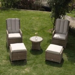 Hampshire 2-Seater Natural Round Wicker Reclining Bistro Set with Stools and Wood-Effect Side Table -Daals Store OD BISTR 108 NAT scene2