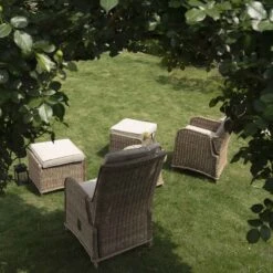 Hampshire 2-Seater Natural Round Wicker Reclining Bistro Set with Stools and Wood-Effect Side Table -Daals Store OD BISTR 108 NAT scene4