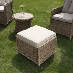 Hampshire 2-Seater Natural Round Wicker Reclining Bistro Set with Stools and Wood-Effect Side Table -Daals Store OD BISTR 108 NAT scene5