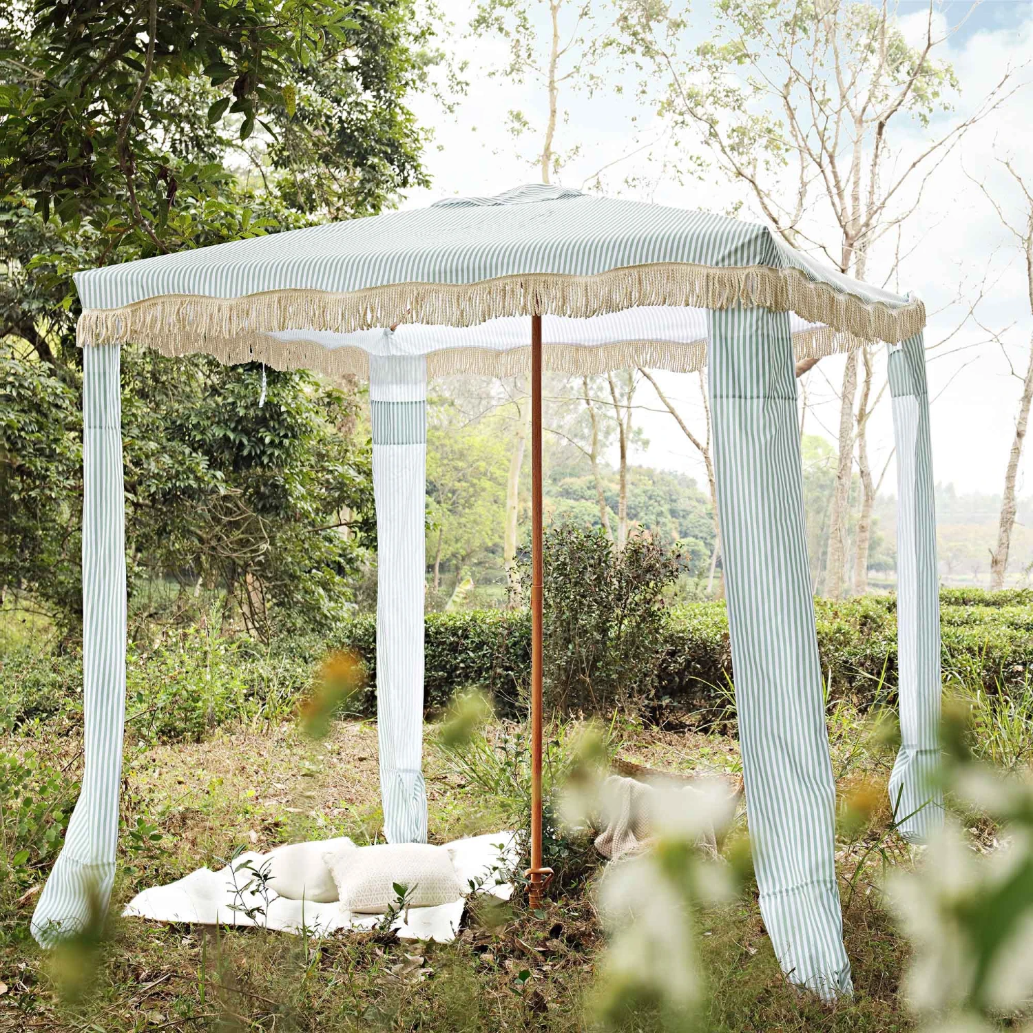 Gabriel Sage Green And White Striped Fringed Cabana 1 Gabriel Sage Green And White Striped Fringed Cabana